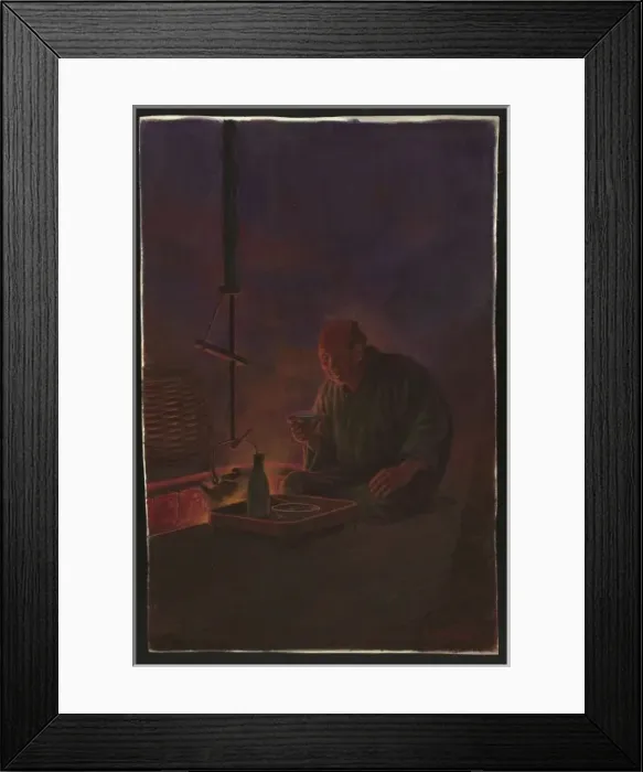 Framed Print : Man drinking sake before the hearth Framed Print : Man drinking sake before the hearth