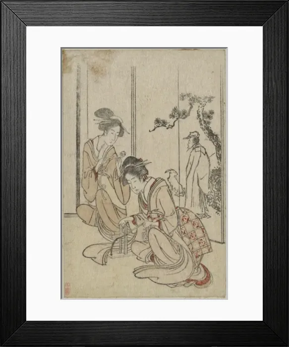 Framed Print : Young woman braiding a cord before a screen depicting the Ch Framed Print : Young woman braiding a cord before a screen depicting the Ch