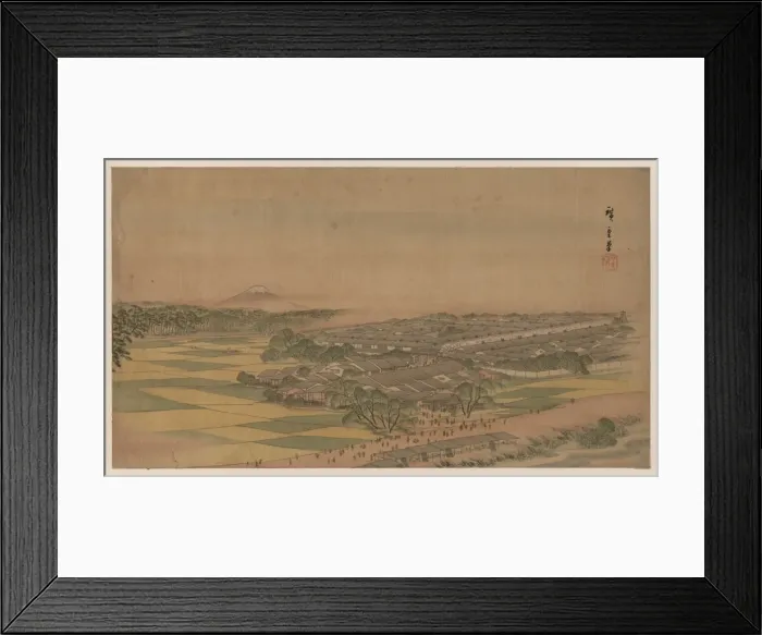 Framed Print : Fukeiga. Painting shows a bird s-eye view of travelers on roadway outside Framed Print : Fukeiga. Painting shows a bird s-eye view of travelers on roadway outside