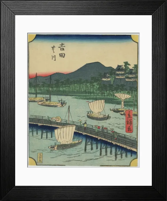 Framed Print : Yoshida. Print shows a sailboat about to pass beneath a bridge on which Framed Print : Yoshida. Print shows a sailboat about to pass beneath a bridge on which