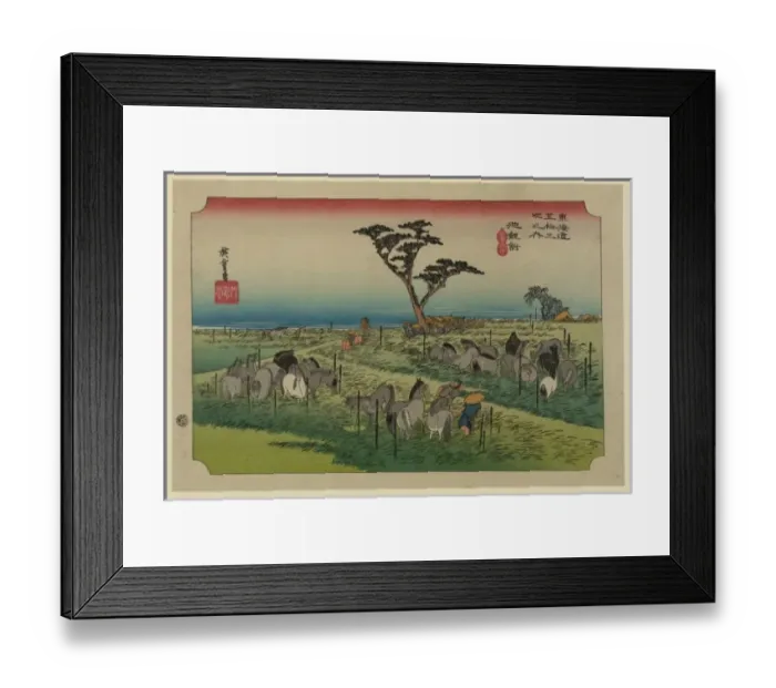 Framed Print : Chiryu. Print shows travelers huddled beneath a large pine tree in the Framed Print : Chiryu. Print shows travelers huddled beneath a large pine tree in the