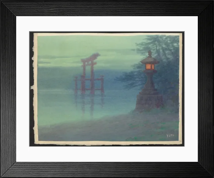 Framed Print : Stone lantern on shore and a torii in a lake Framed Print : Stone lantern on shore and a torii in a lake