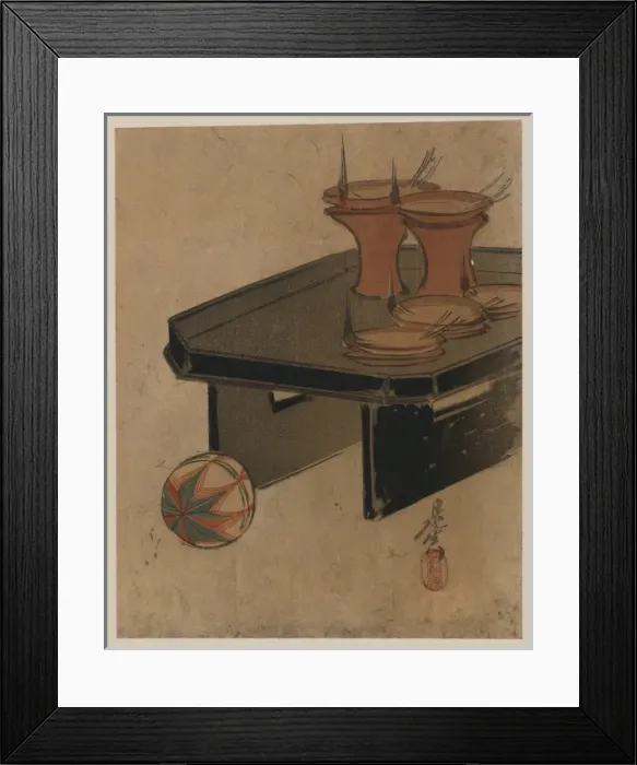 Framed Print : Oil lamps. Print shows oil lamps on a tray and a ball. Date between 1868 and 1890