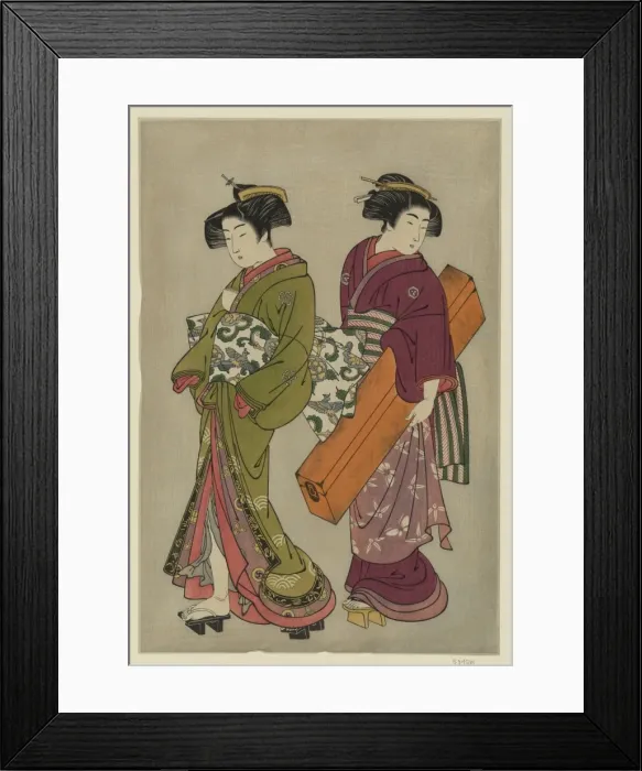 Framed Print : Geisha and a servant carrying her koto Framed Print : Geisha and a servant carrying her koto