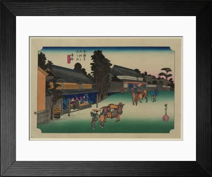 Framed Print : Narumi. Print shows travelers and porters carrying a sedan chair passing Framed Print : Narumi. Print shows travelers and porters carrying a sedan chair passing