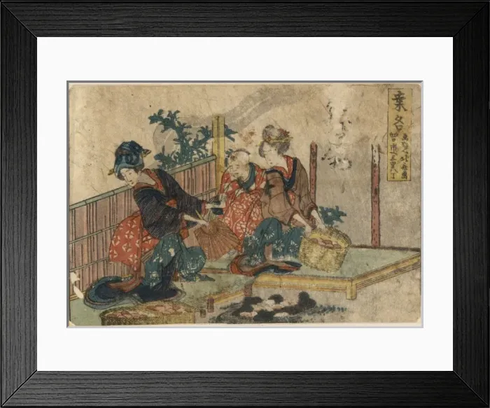 Framed Print : Kuwana. Print shows two woman and a child with baskets of eggs or colored stones Framed Print : Kuwana. Print shows two woman and a child with baskets of eggs or colored stones