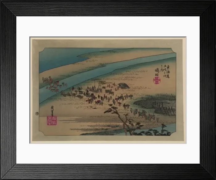 Framed Print : Shimada. Print shows travelers fording a small river as others wait their Framed Print : Shimada. Print shows travelers fording a small river as others wait their
