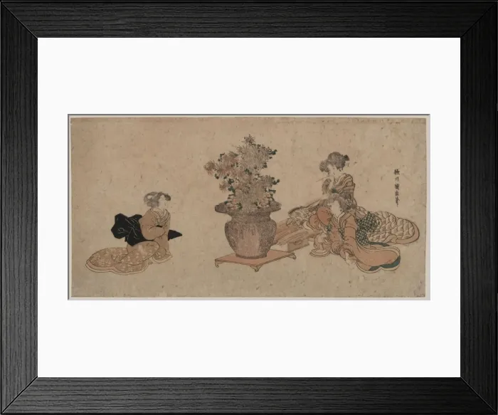Framed Print : Three beauties admiring an arrangement of rikka flowers Framed Print : Three beauties admiring an arrangement of rikka flowers