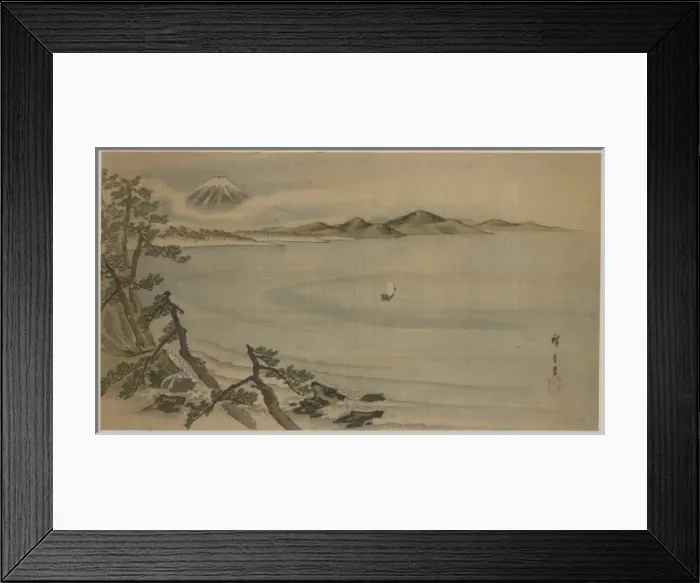 Framed Print : Fukeiga. Painting shows a bird s-eye view of the bay with sailing ship offshore Framed Print : Fukeiga. Painting shows a bird s-eye view of the bay with sailing ship offshore