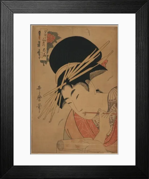 Framed Print : Courtesan, head-and-shoulders portrait, facing left, holding Framed Print : Courtesan, head-and-shoulders portrait, facing left, holding