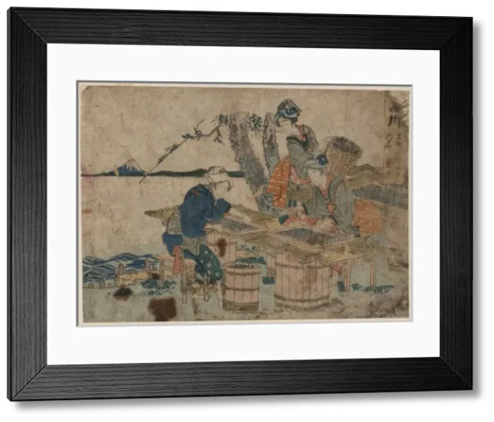 Framed Print : Shinagawa. Print shows three women sorting clams by size Framed Print : Shinagawa. Print shows three women sorting clams by size