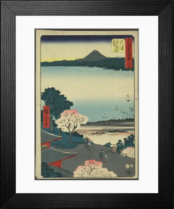 Framed Print : otsu. Print shows a bird s-eye view of pilgrims ascending hillside to temple buildings Framed Print : otsu. Print shows a bird s-eye view of pilgrims ascending hillside to temple buildings