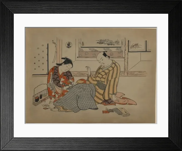 Framed Print : Kyoto. Print shows a man and a woman playing a game Framed Print : Kyoto. Print shows a man and a woman playing a game