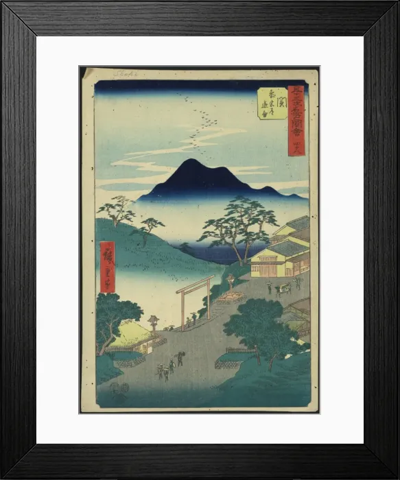 Framed Print : Seki. Print shows a bird s-eye view of rural community with mountains in the background Framed Print : Seki. Print shows a bird s-eye view of rural community with mountains in the background