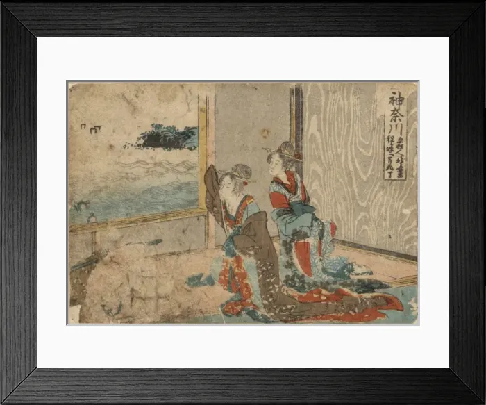 Framed Print : Kanagawa. Print shows two women in a room, possibly at a teahouse in Kanagawa Framed Print : Kanagawa. Print shows two women in a room, possibly at a teahouse in Kanagawa