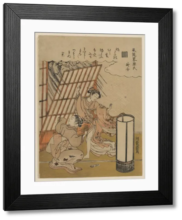 Framed Print : Nowaki. Print shows two women in a room, startled by a sudden wind which Framed Print : Nowaki. Print shows two women in a room, startled by a sudden wind which