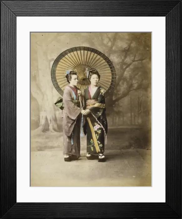 Framed Print : Two Japanese women, full-length studio portrait with backdro Framed Print : Two Japanese women, full-length studio portrait with backdro