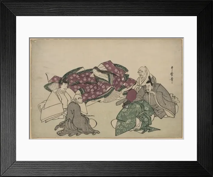 Framed Print : Six poets. Print shows Murasaki with five elderly men, all wise men and / or poets Framed Print : Six poets. Print shows Murasaki with five elderly men, all wise men and / or poets