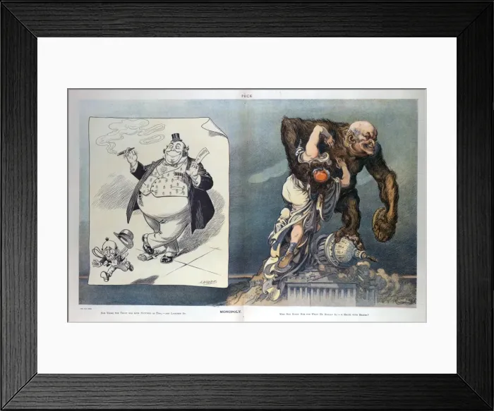 Framed Print : Monopoly. Illustration shows on the left a cartoon drawn by LM Glackens Framed Print : Monopoly. Illustration shows on the left a cartoon drawn by LM Glackens