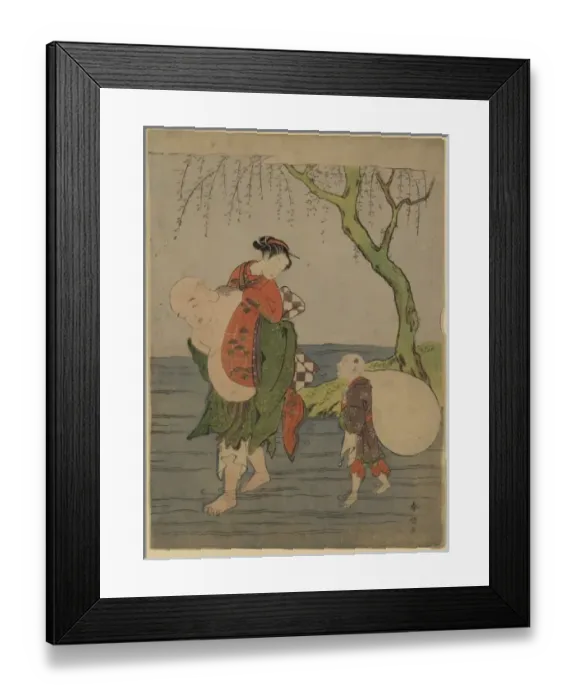 Framed Print : Hotei carrying a young girl piggyback Framed Print : Hotei carrying a young girl piggyback