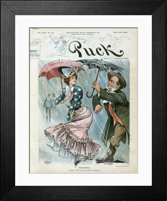 Framed Print : Impudence. Illustration shows William Jennings Bryan offering his small Framed Print : Impudence. Illustration shows William Jennings Bryan offering his small