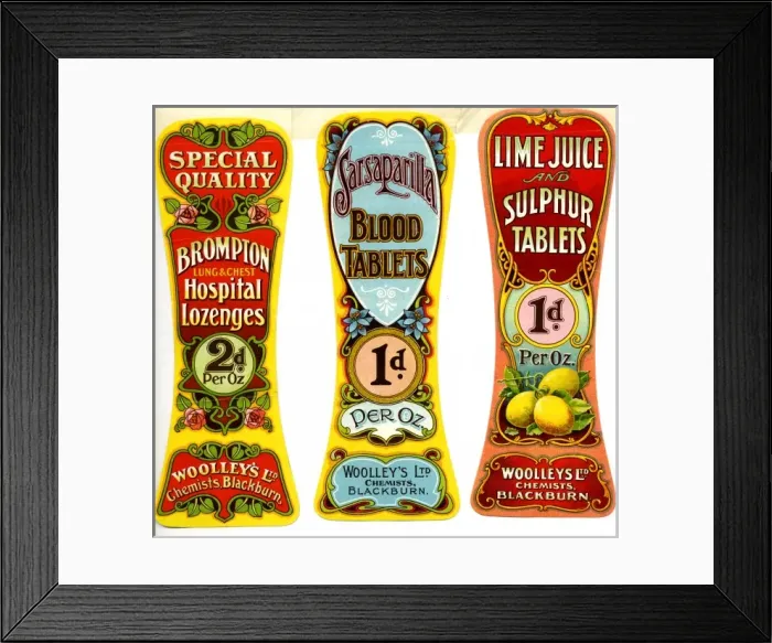 Framed Print : Woolleys Chemists labels Framed Print : Woolleys Chemists labels
