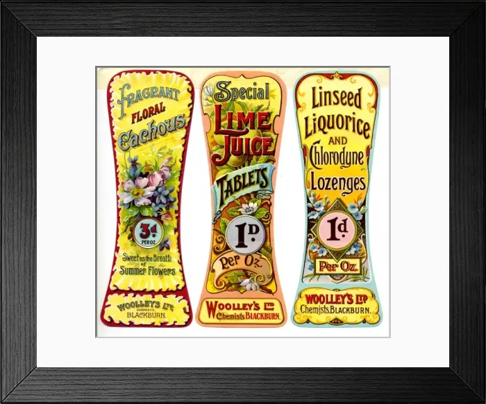 Framed Print : Woolleys Chemists labels Framed Print : Woolleys Chemists labels