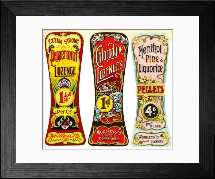 Framed Print : Woolleys Chemists labels Framed Print : Woolleys Chemists labels