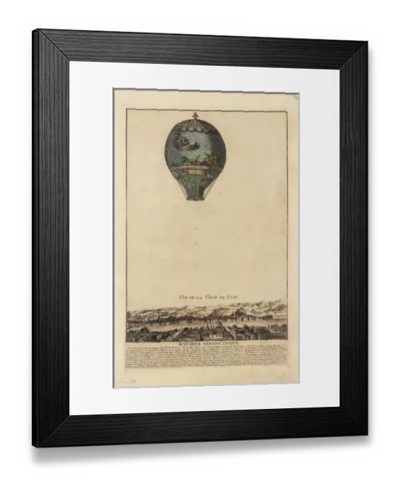 Framed Print : Montgolfier balloon in flight over Lyons, France Framed Print : Montgolfier balloon in flight over Lyons, France
