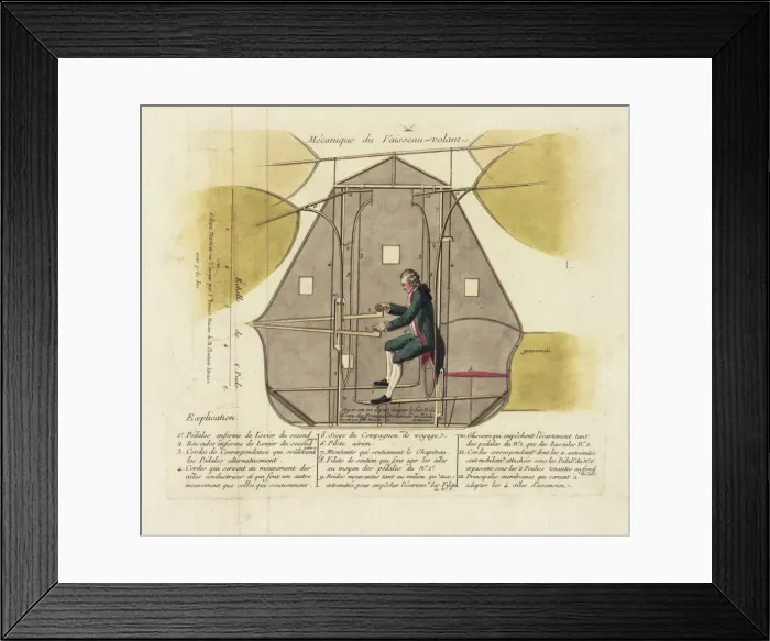 Framed Print : Technical diagram of a flying machine, with pilot Framed Print : Technical diagram of a flying machine, with pilot