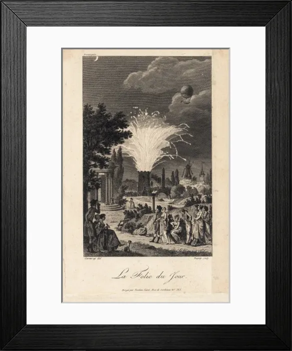 Framed Print : French park festivities with fireworks and balloon Framed Print : French park festivities with fireworks and balloon
