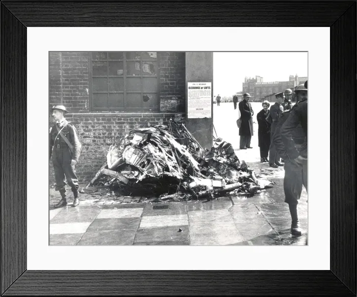 Framed Print : Blitz in London -- wreckage of Hurricane fighter plane, WW2 Framed Print : Blitz in London -- wreckage of Hurricane fighter plane, WW2