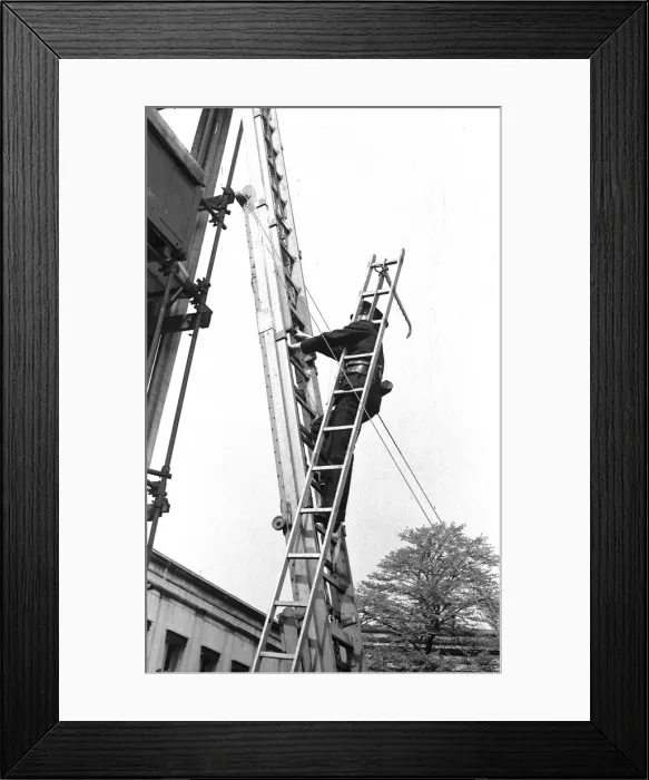 Framed Print : Fire station drill, hook ladder and 50 foot escape ladder Framed Print : Fire station drill, hook ladder and 50 foot escape ladder