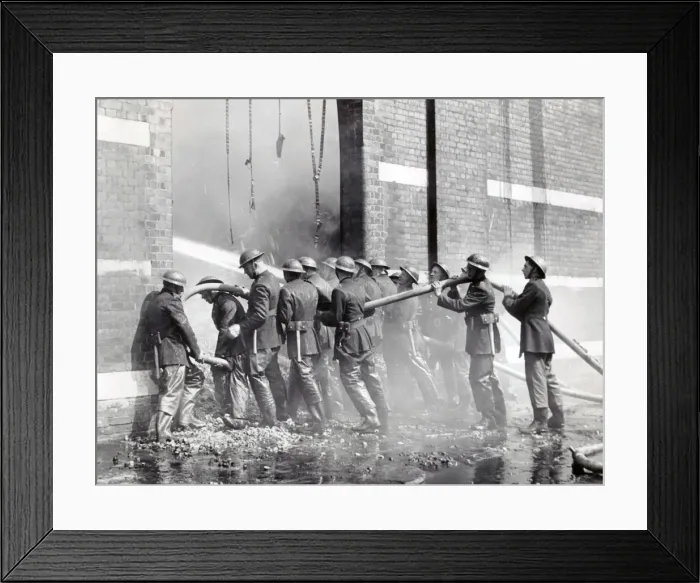 Framed Print : NFS (London Region) firemen with hose lines, WW2 Framed Print : NFS (London Region) firemen with hose lines, WW2