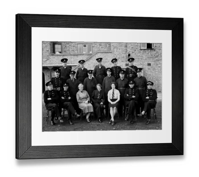 Framed Print : Group photo at new NFS (London Region) fire station, WW2 Framed Print : Group photo at new NFS (London Region) fire station, WW2
