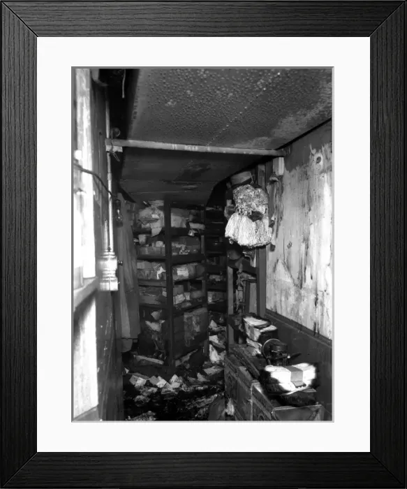 Framed Print : An example of a room with fire damage, WW2 Framed Print : An example of a room with fire damage, WW2