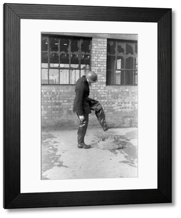 Framed Print : NFS training / instructional photo, the use of hose, WW2 Framed Print : NFS training / instructional photo, the use of hose, WW2