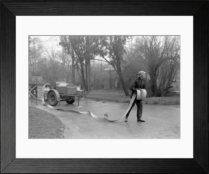 Framed Print : NFS training / instructional photo, use of hose, WW2 Framed Print : NFS training / instructional photo, use of hose, WW2