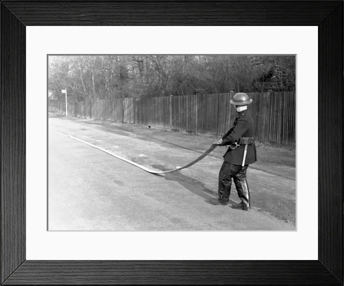 Framed Print : NFS training / instructional photo, use of hose, WW2 Framed Print : NFS training / instructional photo, use of hose, WW2