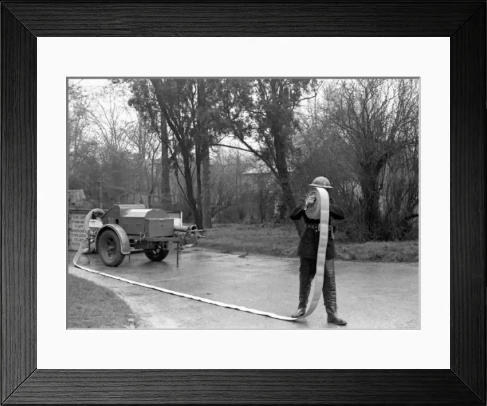 Framed Print : NFS training / instructional photo, use of hose, WW2 Framed Print : NFS training / instructional photo, use of hose, WW2