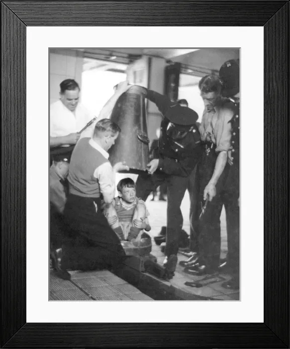 Framed Print : NFS(London Region) Boy trapped in a coal scuttle Framed Print : NFS(London Region) Boy trapped in a coal scuttle