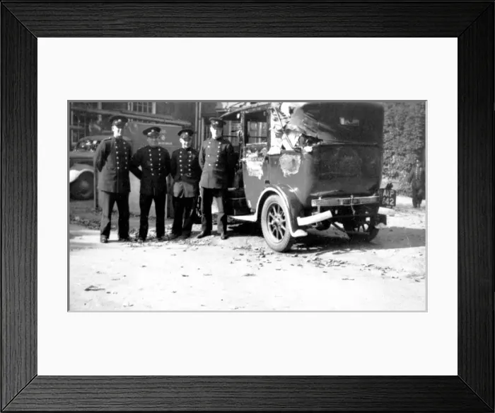 Framed Print : Blitz in London -- firefighters with damaged vehicle, WW2 Framed Print : Blitz in London -- firefighters with damaged vehicle, WW2