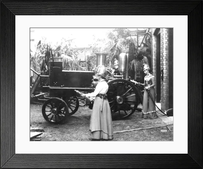 Framed Print : Merryweather horsed steam pump and firewomen Framed Print : Merryweather horsed steam pump and firewomen