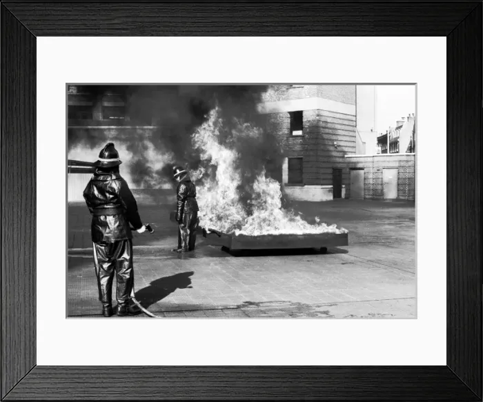 Framed Print : Fire uniform heat tests at Lambeth HQ