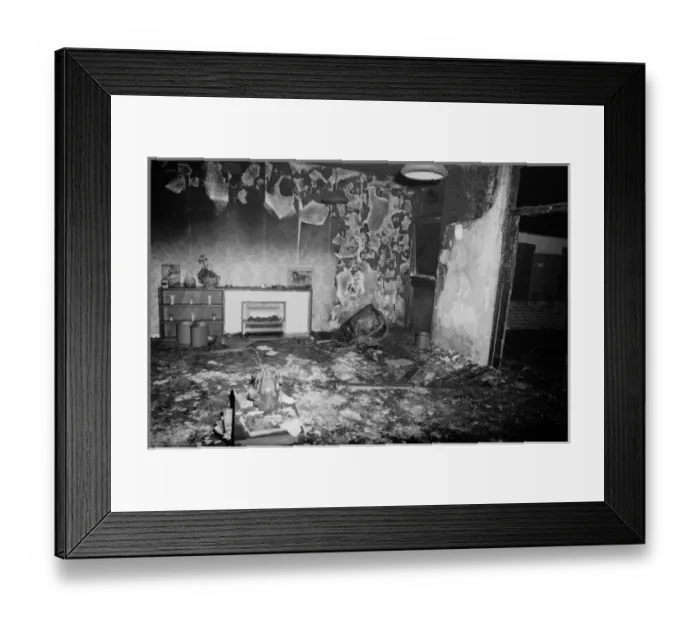 Framed Print : GLC-LFB Aftermath of fatal fire in care home, NE London Framed Print : GLC-LFB Aftermath of fatal fire in care home, NE London