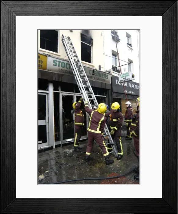 Framed Print : Firefighters at scene of fire, Stockwell Road, Brixton Framed Print : Firefighters at scene of fire, Stockwell Road, Brixton