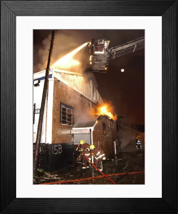 Framed Print : Firefighters attending fire at commercial premises Framed Print : Firefighters attending fire at commercial premises