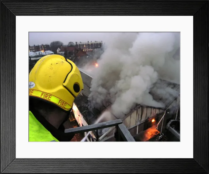 Framed Print : Firefighters attending fire at commercial premises Framed Print : Firefighters attending fire at commercial premises