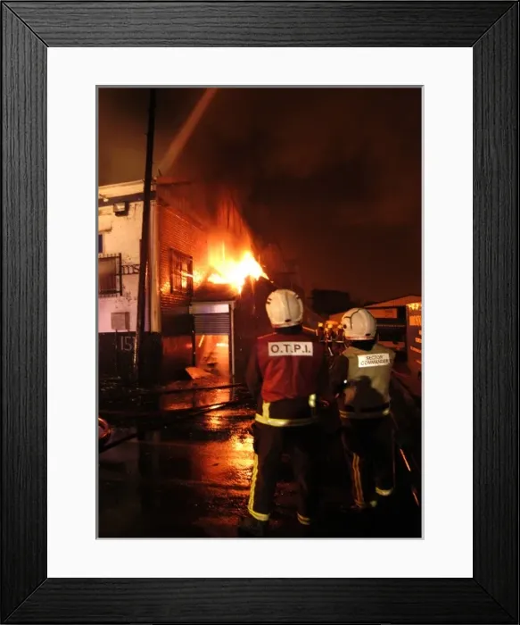 Framed Print : Firefighters attending fire at commercial premises Framed Print : Firefighters attending fire at commercial premises