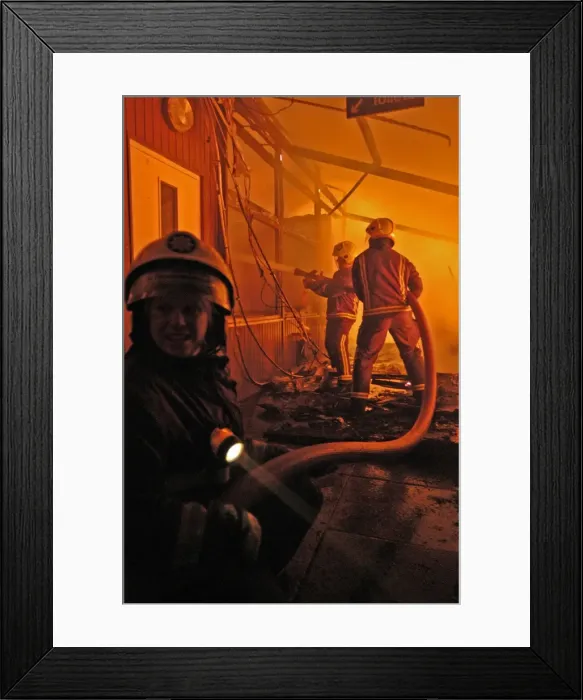Framed Print : Firefighters working at scene of fire in Carshalton, Surrey Framed Print : Firefighters working at scene of fire in Carshalton, Surrey